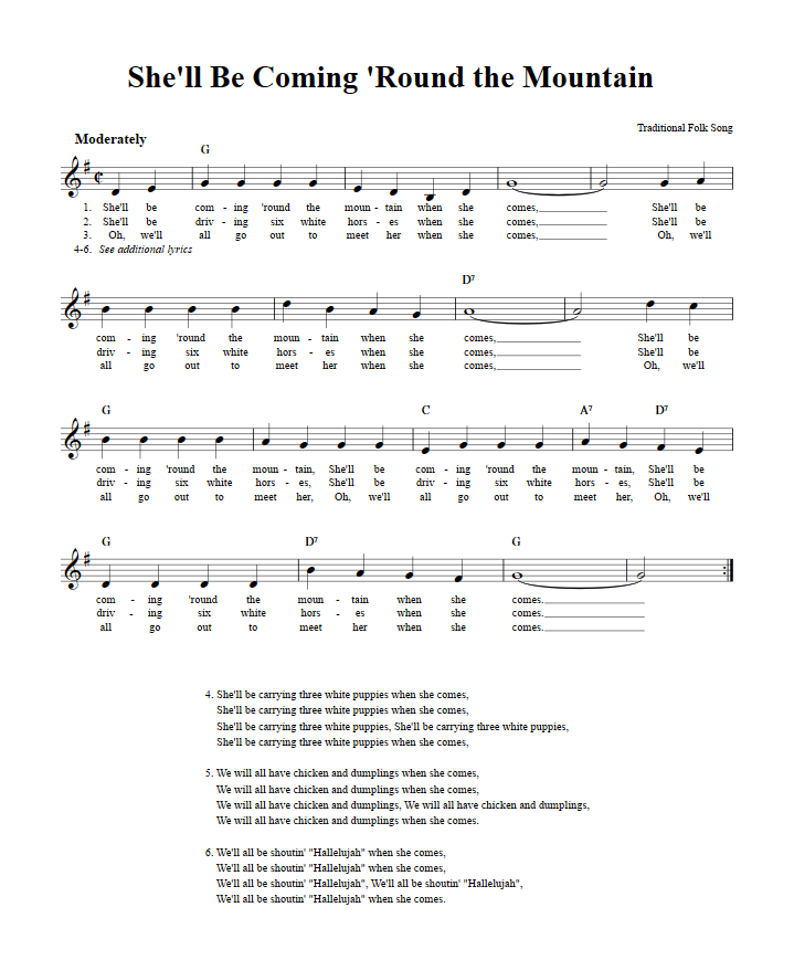 She'll Be Coming 'Round The Mountain: Chords, Lyrics, And Sheet Music ...