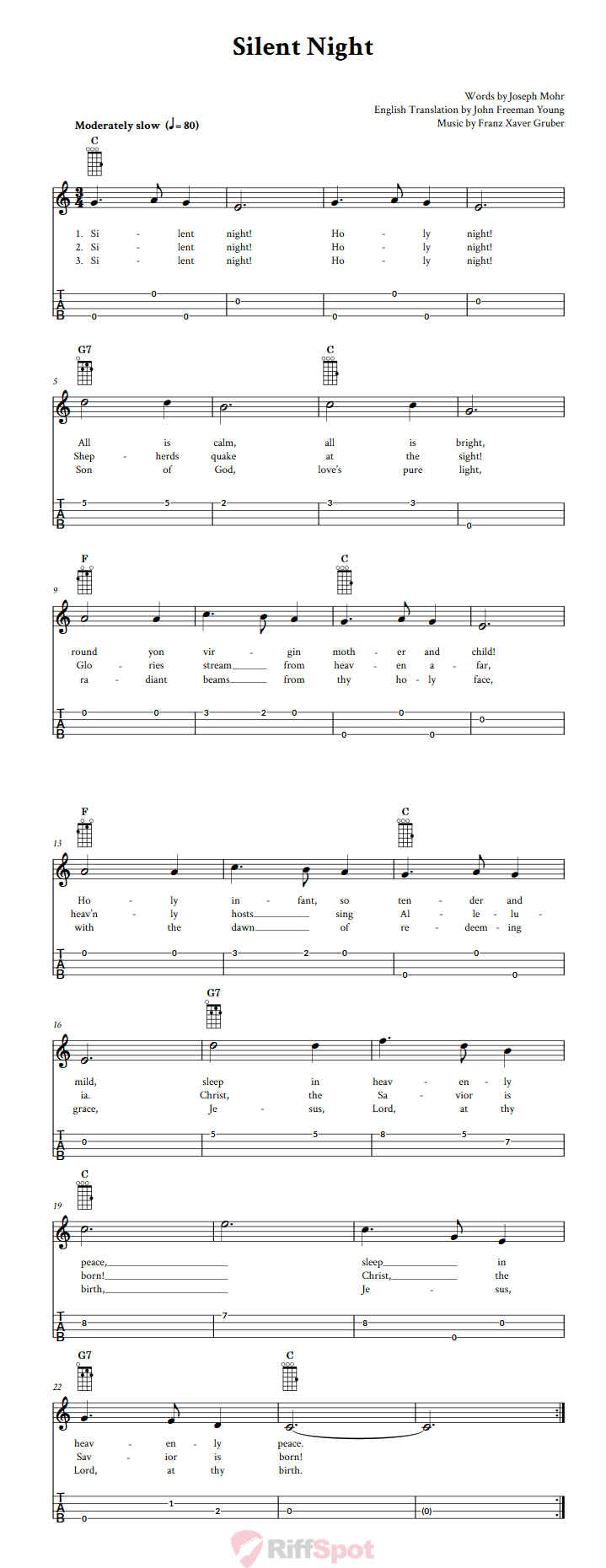 Silent Night: Chords, Sheet Music and Tab for Ukulele with