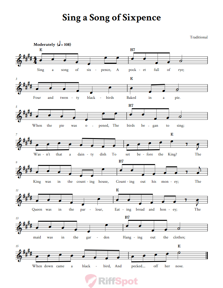 Sing a Song of Sixpence: Chords, Lyrics, and Sheet Music for B-Flat ...
