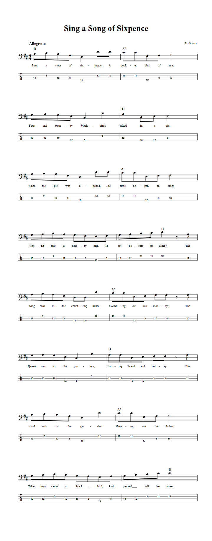 Sing A Song Of Sixpence Chords Sheet Music And Tab For Bass