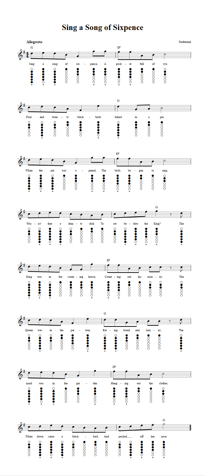 Sing a Song of Sixpence: Sheet Music and Tab for Tin Whistle with Lyrics