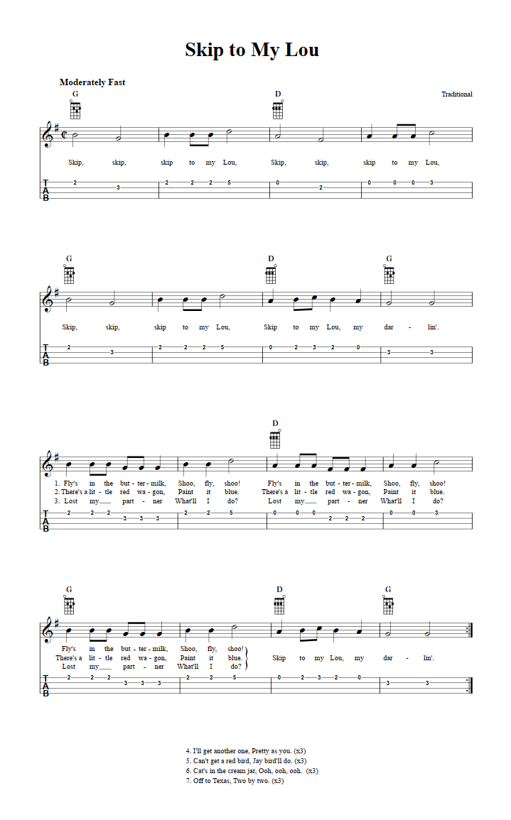 Skip To My Lou: Chords, Sheet Music And Tab For Ukulele With Lyrics