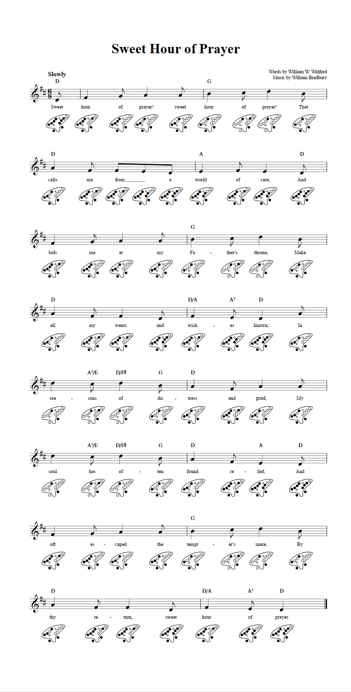 Sweet hour of prayer chords sheet music and tab for 12 hole ocarina
