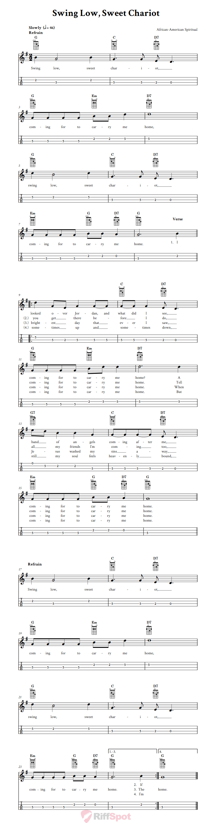 Swing Low Sweet Chariot Chords Sheet Music And Tab For