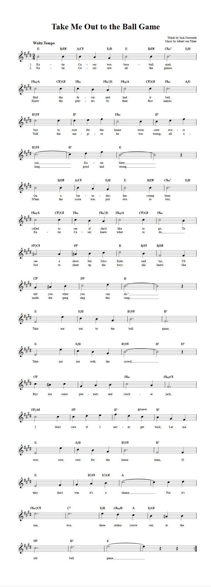 Take Me Out to the Ball Game: Chords, Lyrics, and Sheet Music for B