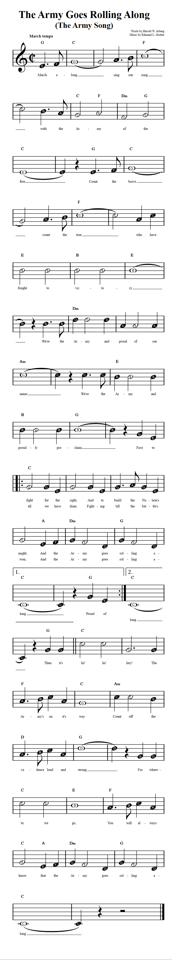 The Army Goes Rolling Along: Beginner Sheet Music with Chords and Lyrics