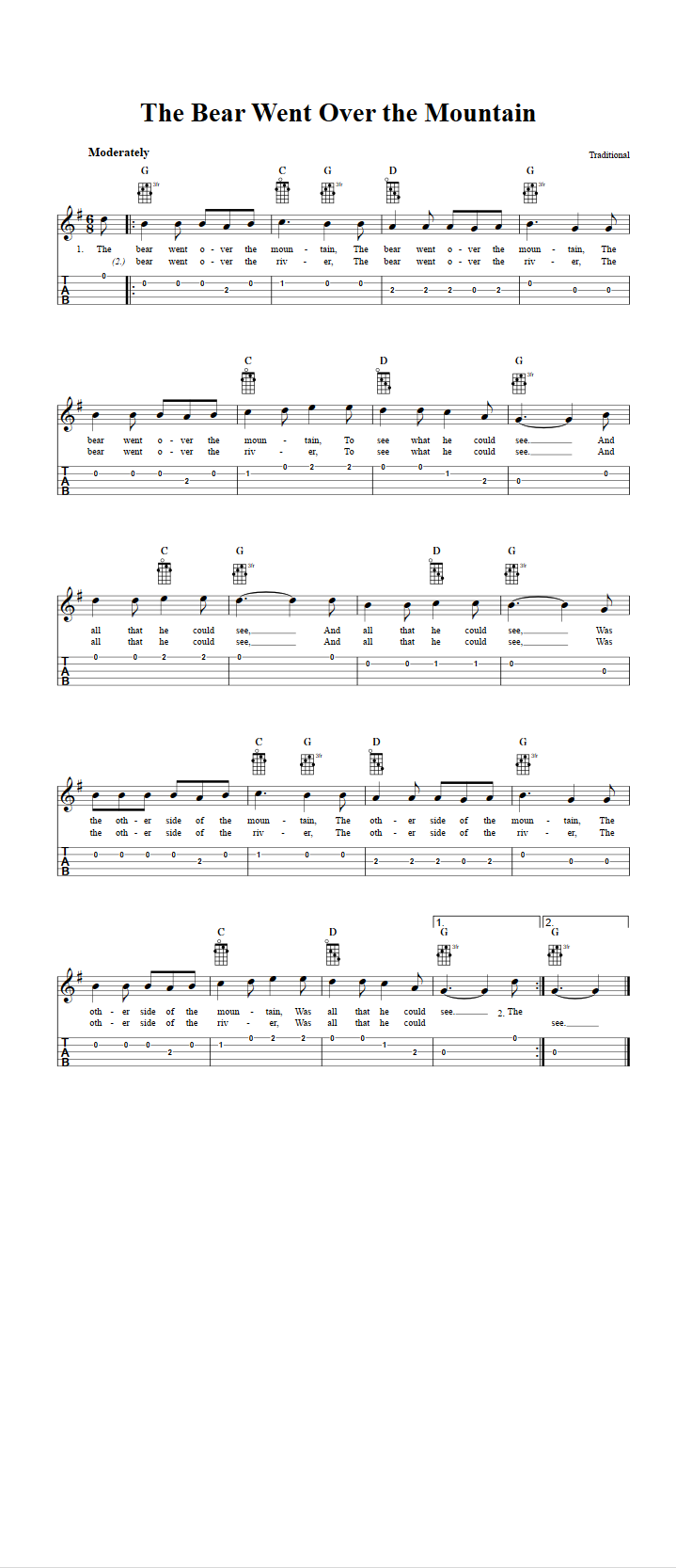The Bear Went Over the Mountain Chords, Sheet Music, and Tab for Banjo