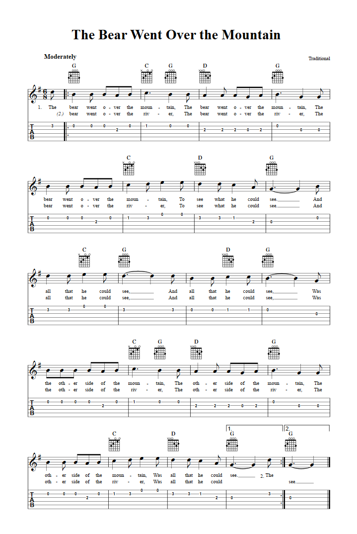 The Bear Went Over the Mountain Chords, Sheet Music, and Tab for