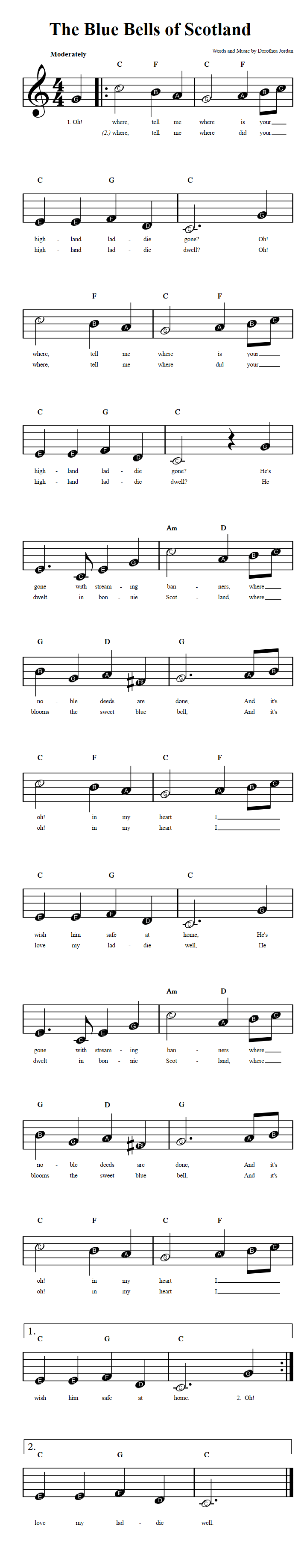 The Blue Bells Of Scotland Beginner Sheet Music With Chords And Lyrics