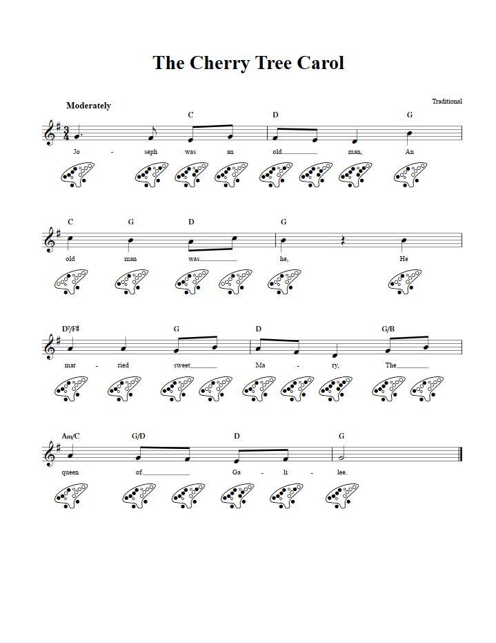 The Cherry Tree Carol: Chords, Sheet Music, and Tab for 12 Hole Ocarina