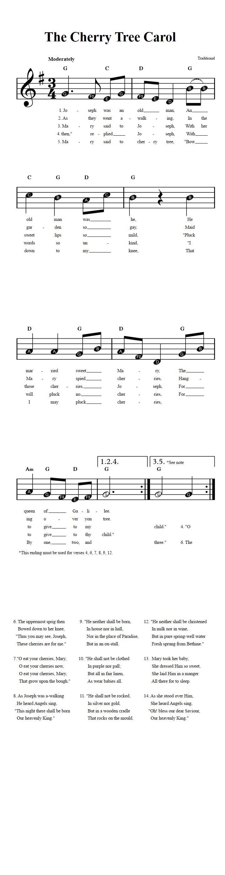 The Cherry Tree Carol Beginner Sheet Music with Chords and Lyrics