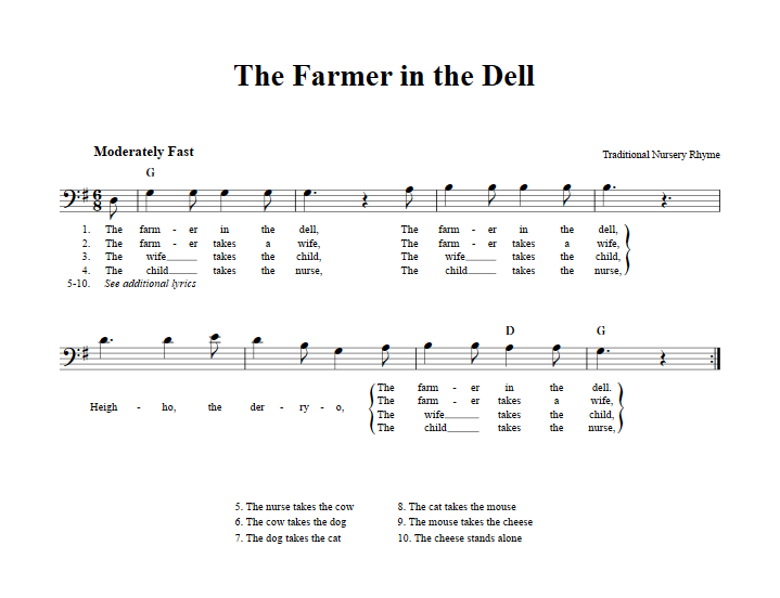 The Farmer in the Dell: Chords, Lyrics, and Bass Clef Sheet Music