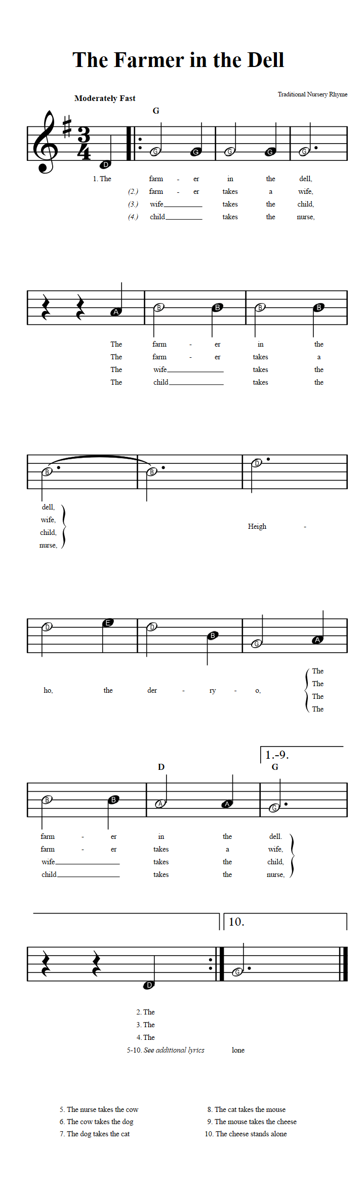 The Farmer In The Dell Beginner Sheet Music With Chords And Lyrics