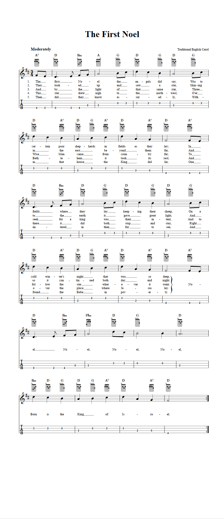 The First Noel Chords Sheet Music And Tab For Baritone Ukulele With Lyrics