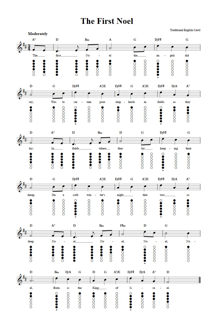 The First Noel: Sheet Music and Tab for Tin Whistle with Lyrics