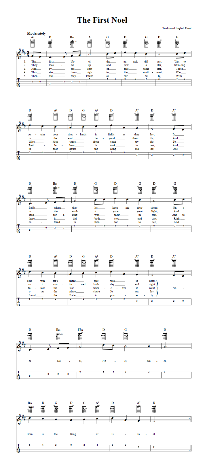 The First Noel: Chords, Sheet Music and Tab for Ukulele with Lyrics