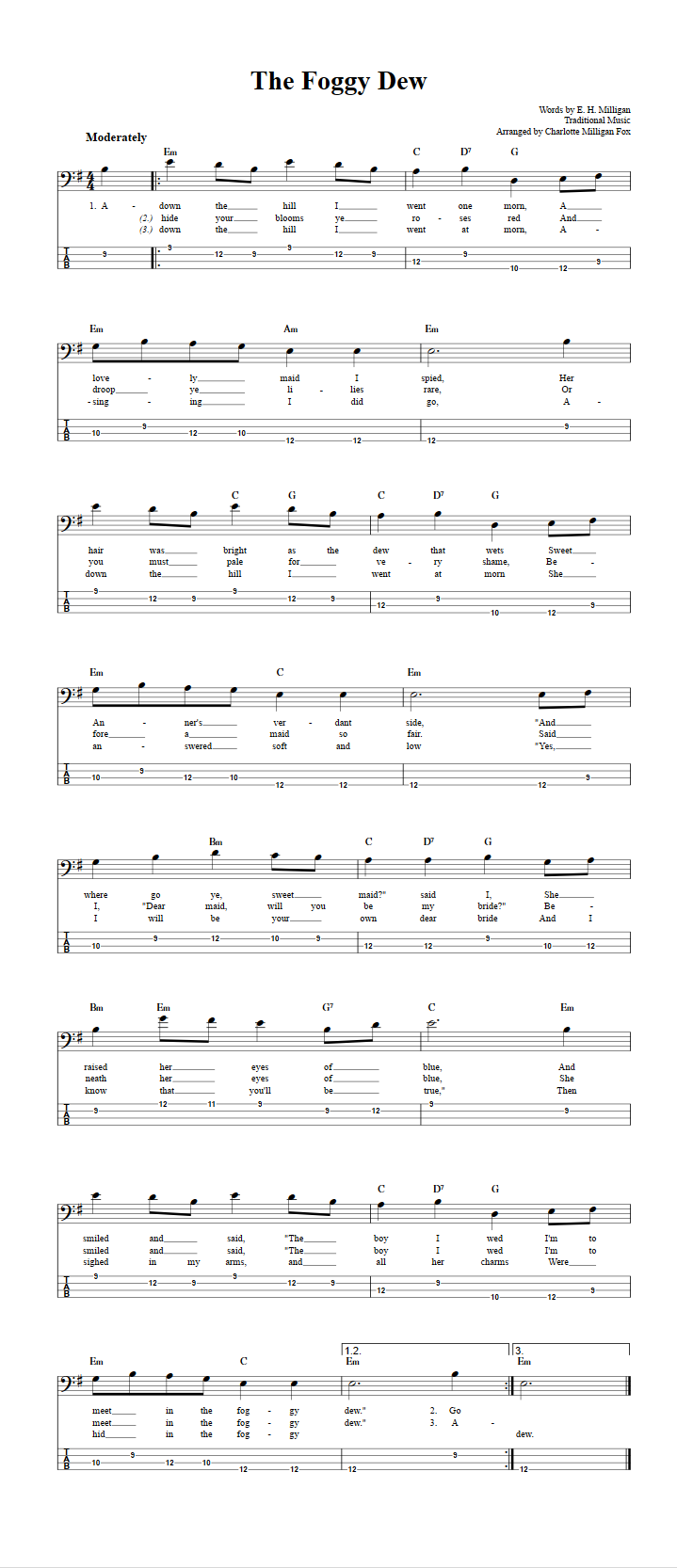 The Foggy Dew Chords Sheet Music And Tab For Bass Guitar With Lyrics