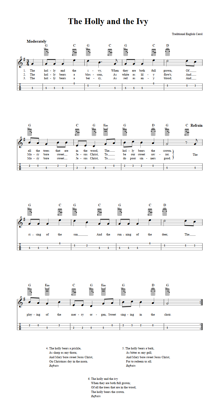 The Holly and the Ivy: Chords, Sheet Music and Tab for Mandolin with Lyrics