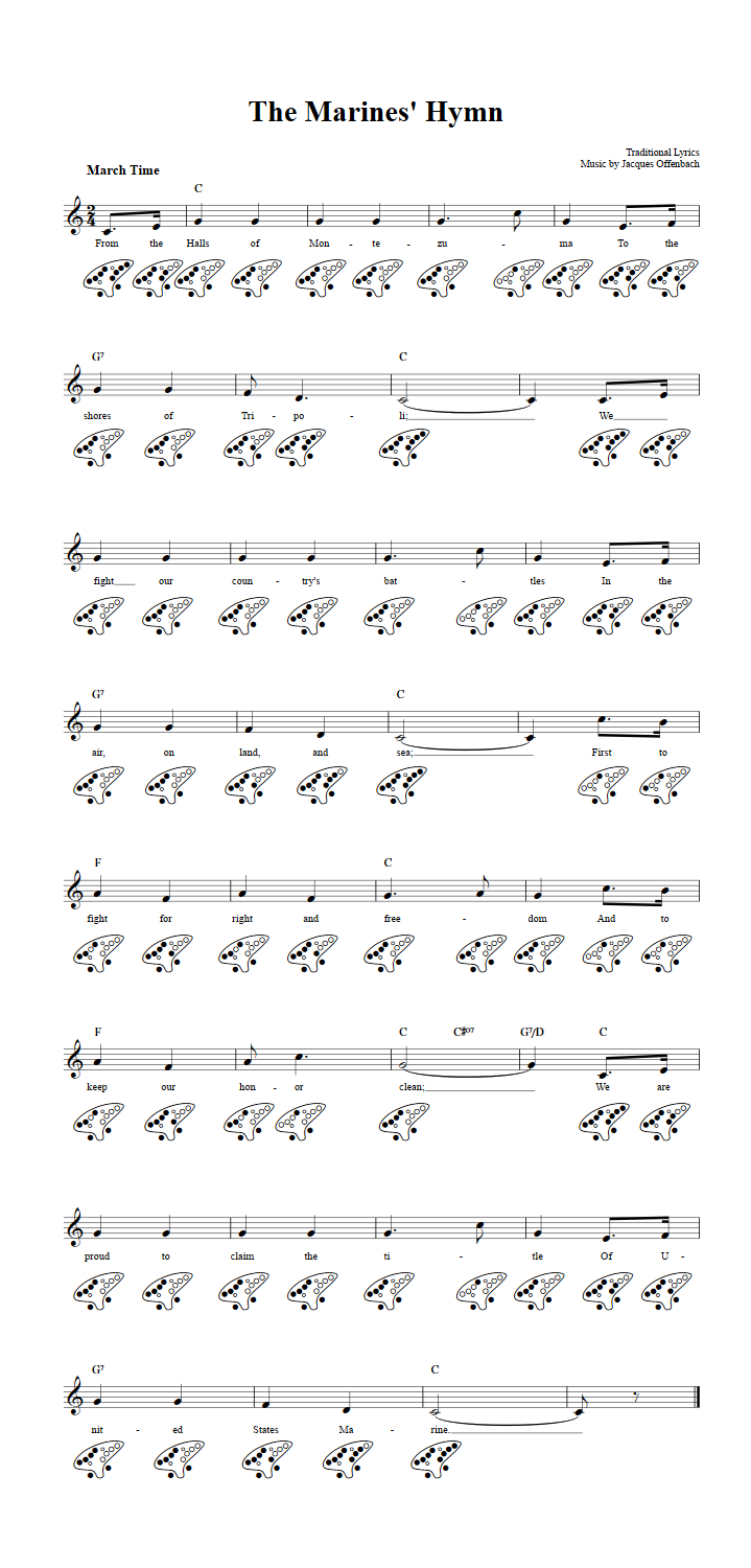 The Marines' Hymn Chords, Sheet Music, and Tab for 12 Hole Ocarina
