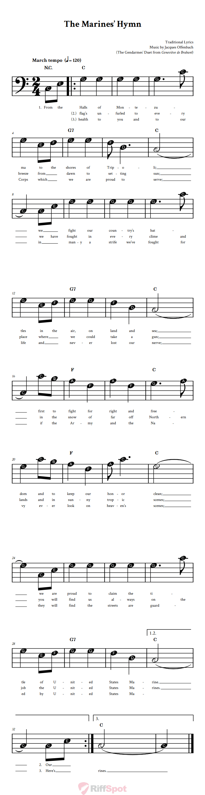 The Marines' Hymn: Beginner Bass Clef Sheet Music with Chords and Lyrics