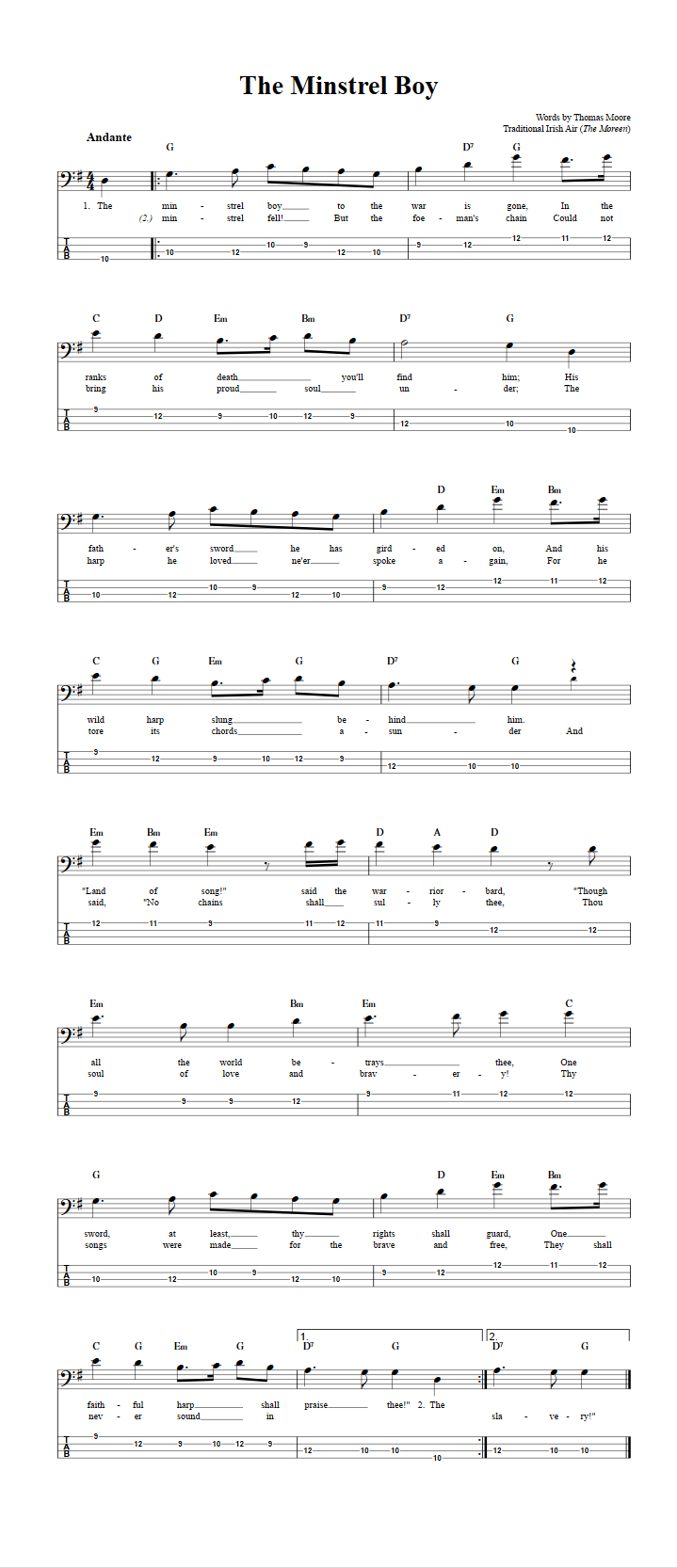 The Minstrel Boy Chords, Sheet Music, and Tab for Bass Guitar with Lyrics
