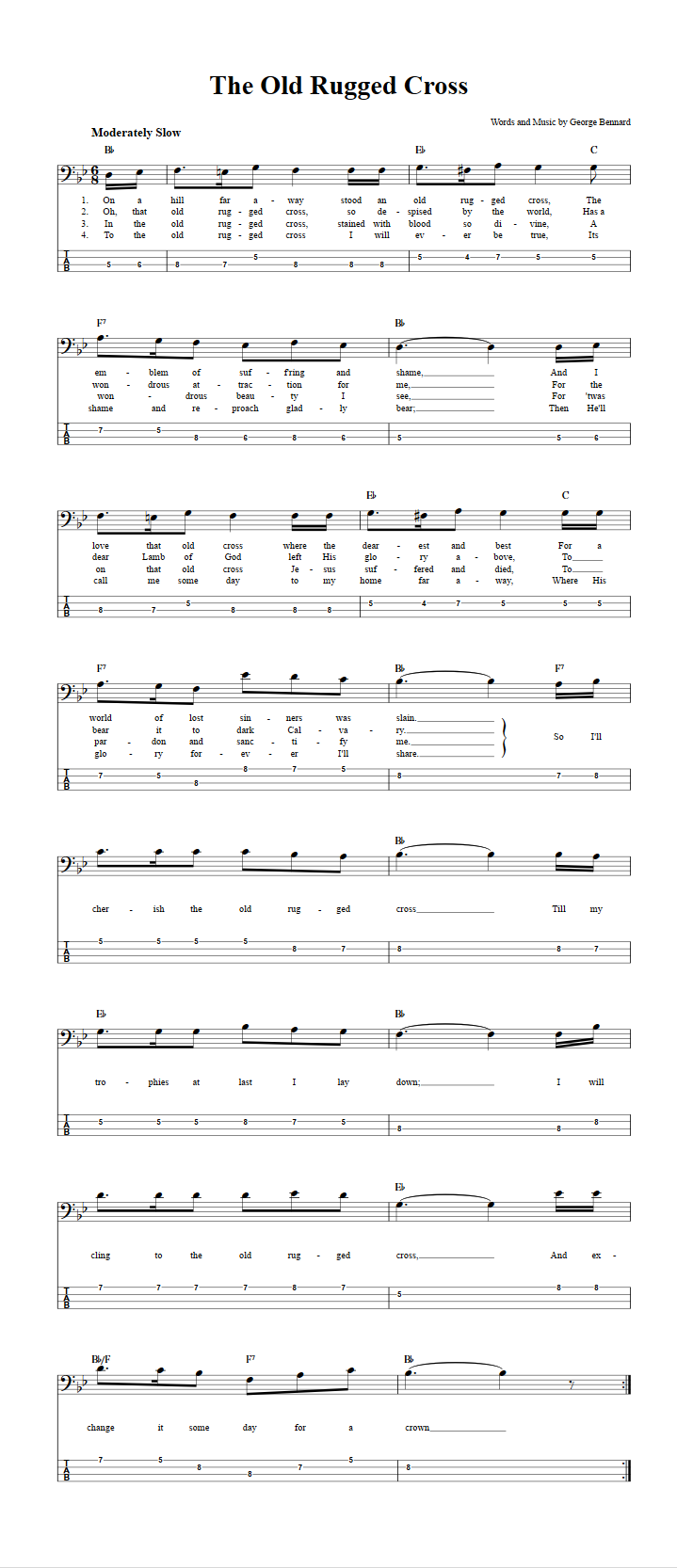 The Old Rugged Cross Chords Sheet Music And Tab For Bass Guitar With Lyrics