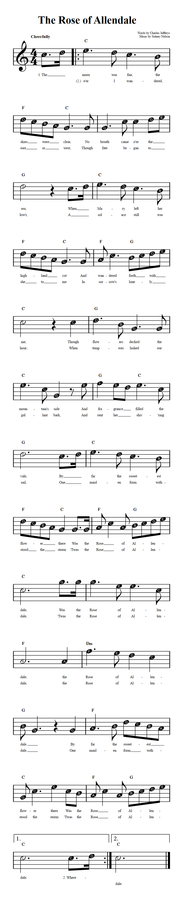 The Rose of Allendale Beginner Sheet Music with Chords and Lyrics