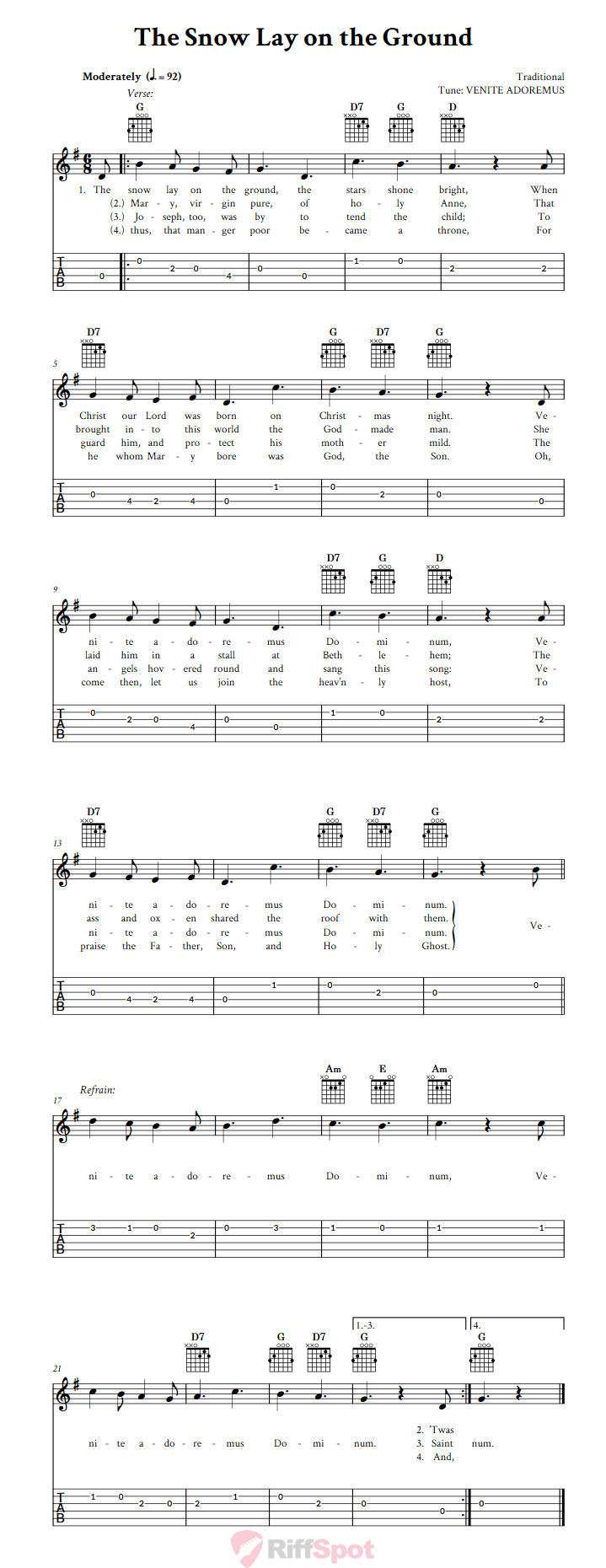 The Snow Lay on the Ground Chords, Sheet Music, and Tab for Guitar