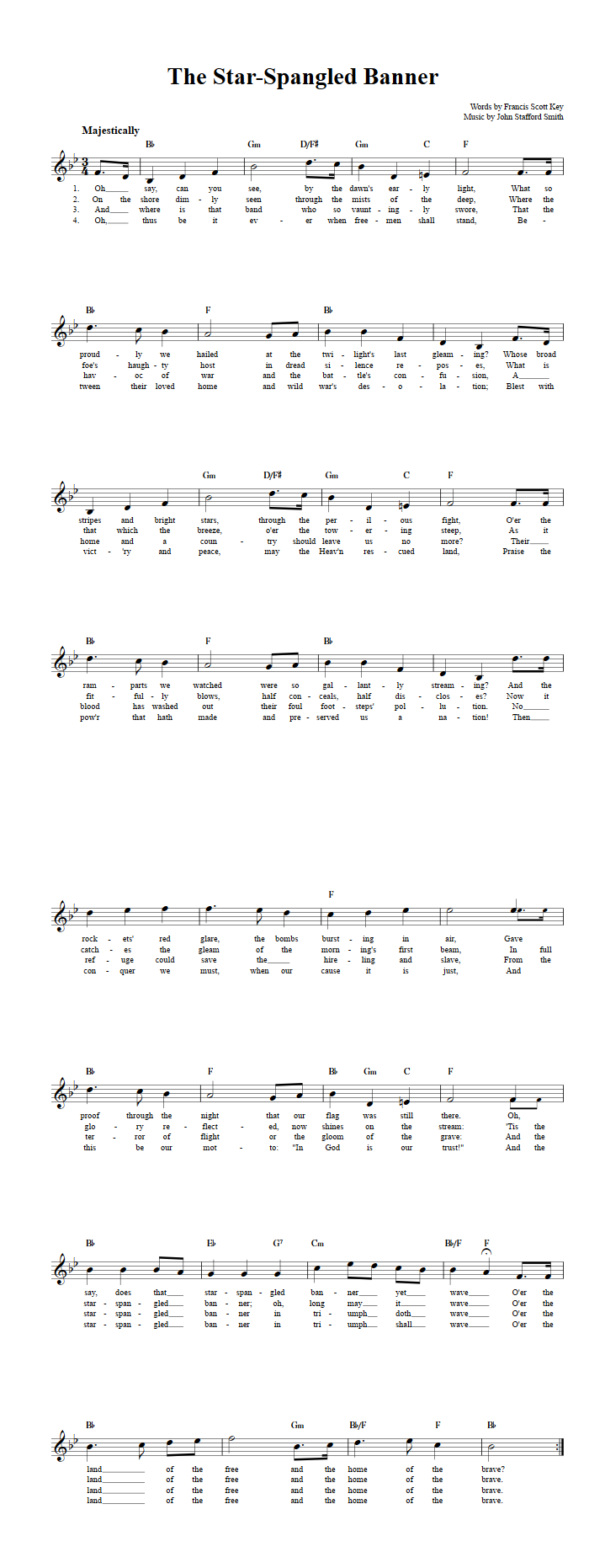 The Star Spangled Banner Chords Lyrics And Sheet Music For C