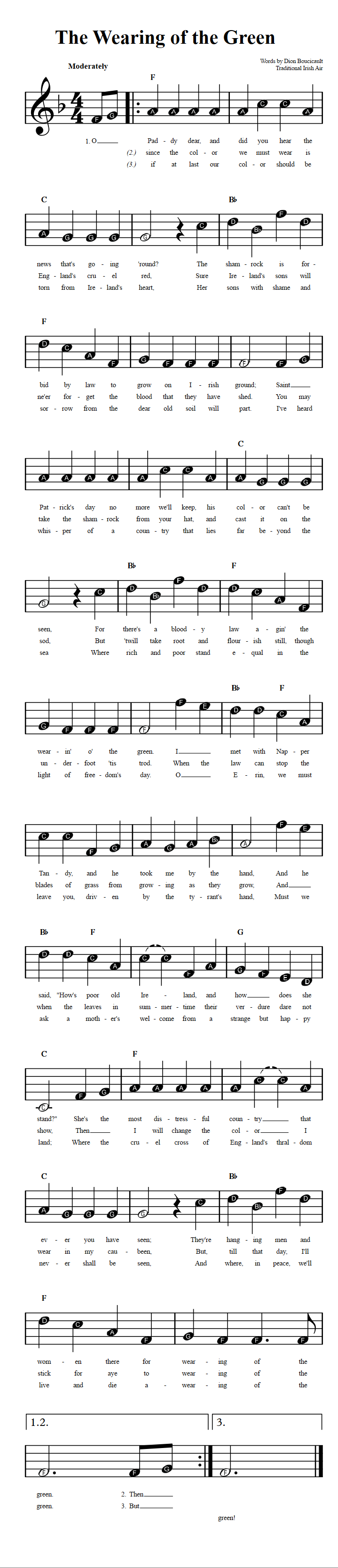 The Wearing of the Green: Beginner Sheet Music with Chords and Lyrics