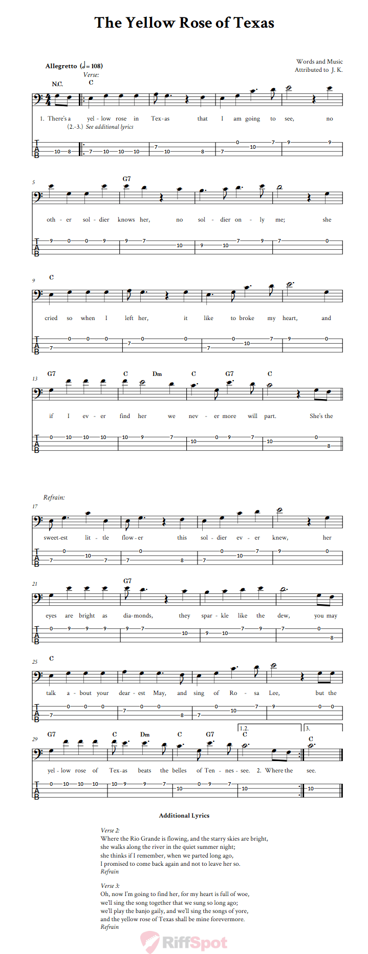 The Yellow Rose of Texas Chords, Sheet Music, and Tab for Bass Guitar