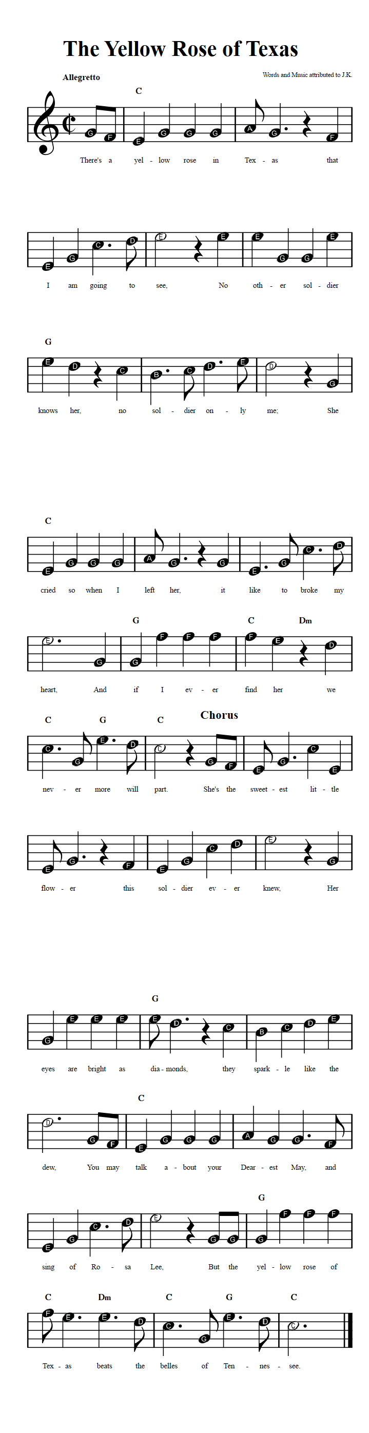 The Yellow Rose of Texas Beginner Sheet Music with Chords and Lyrics