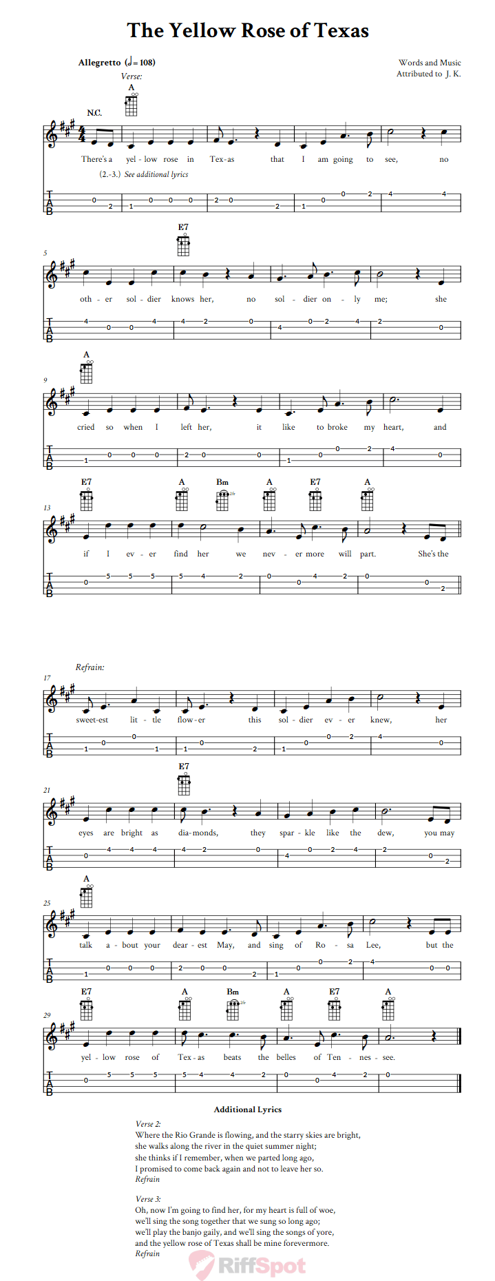 The Yellow Rose of Texas Chords, Sheet Music and Tab for Ukulele with