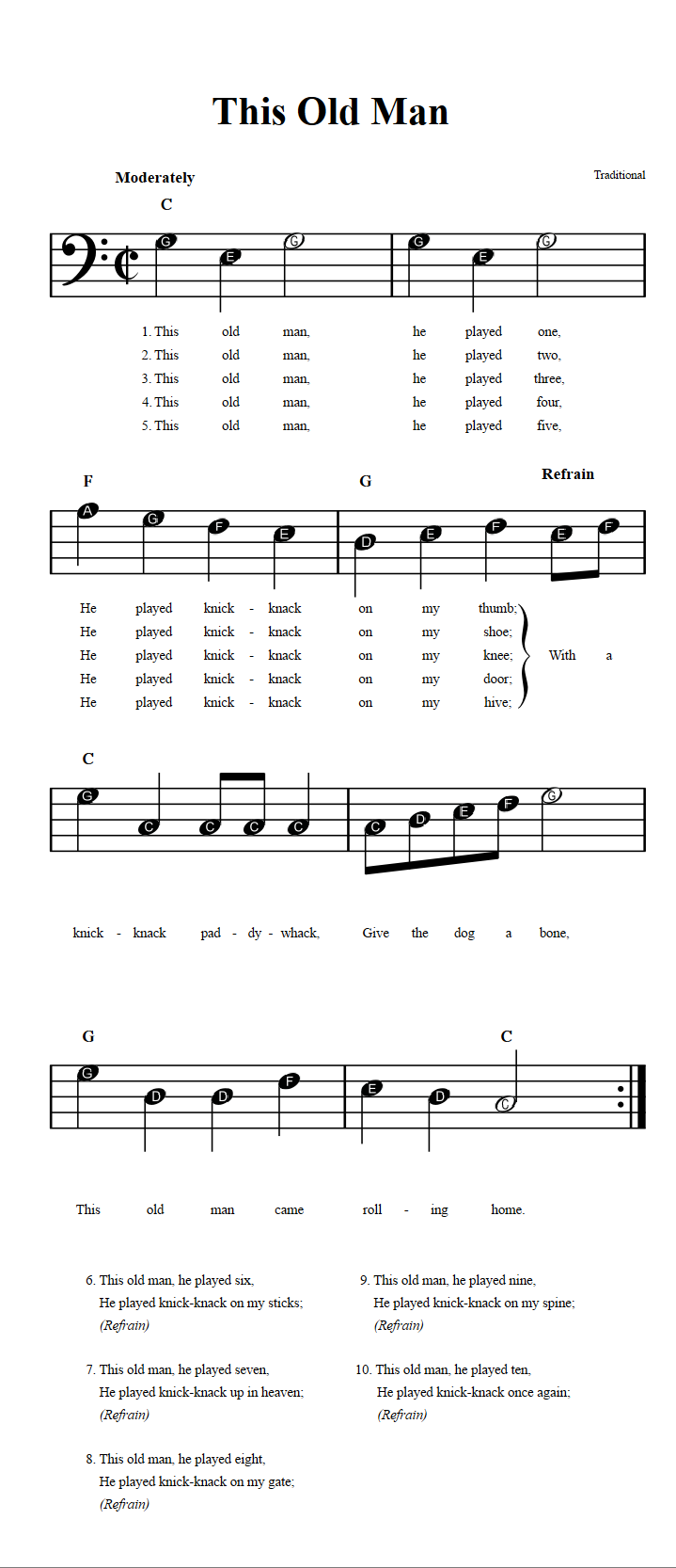 This Old Man: Beginner Bass Clef Sheet Music with Chords and Lyrics