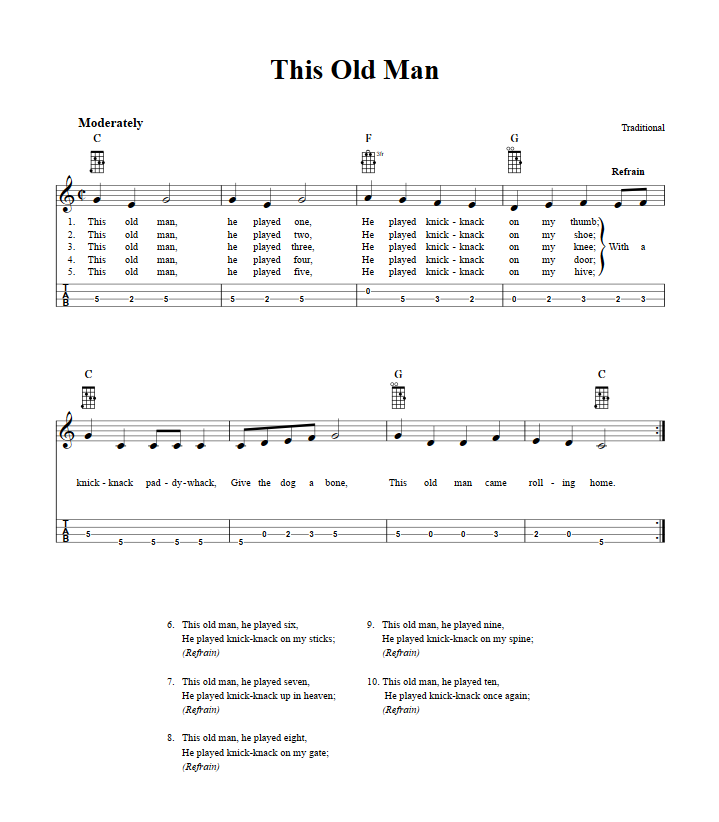 This Old Man: Chords, Sheet Music and Tab for Mandolin with Lyrics