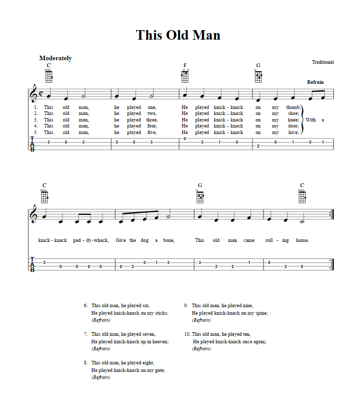 This old man chords sheet music and tab for ukulele with lyrics