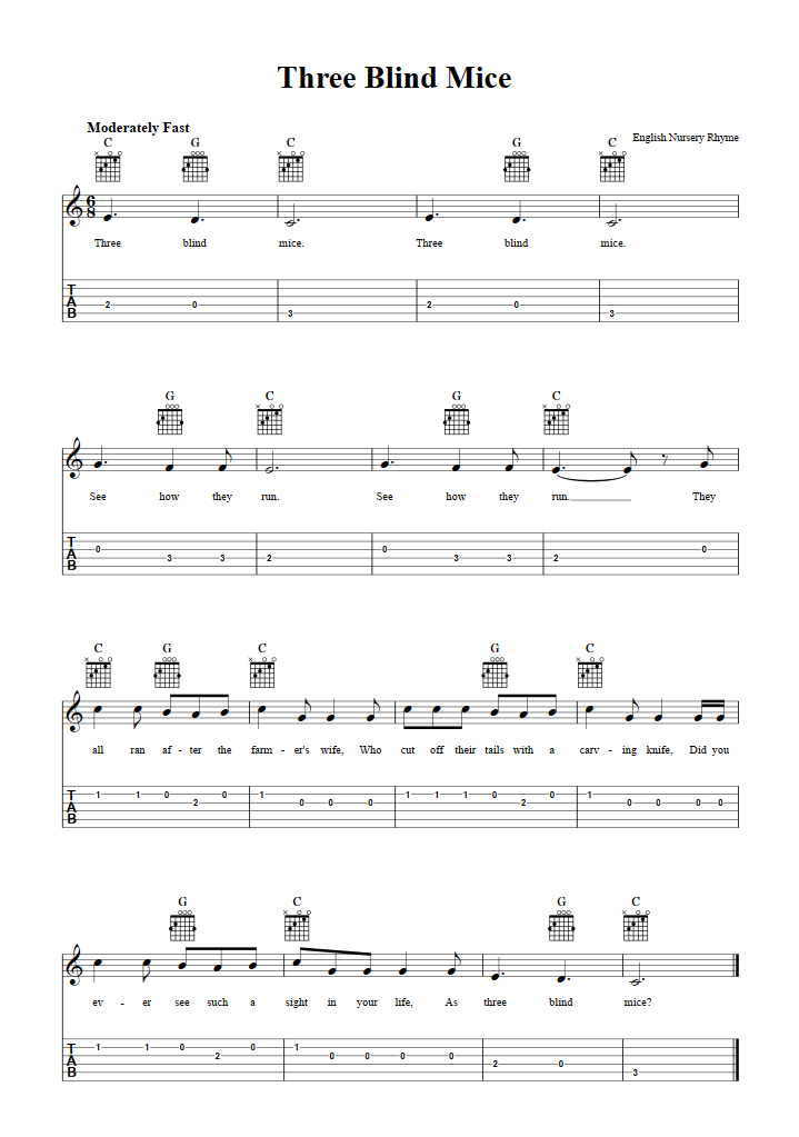 Three Blind Mice Chords Sheet Music And Tab For Guitar With Lyrics