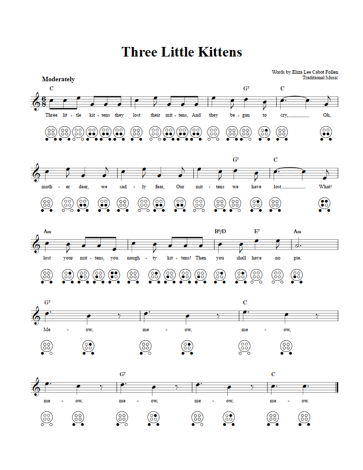 Three Little Kittens: Chords, Sheet Music, and Tab for 6 Hole Ocarina ...