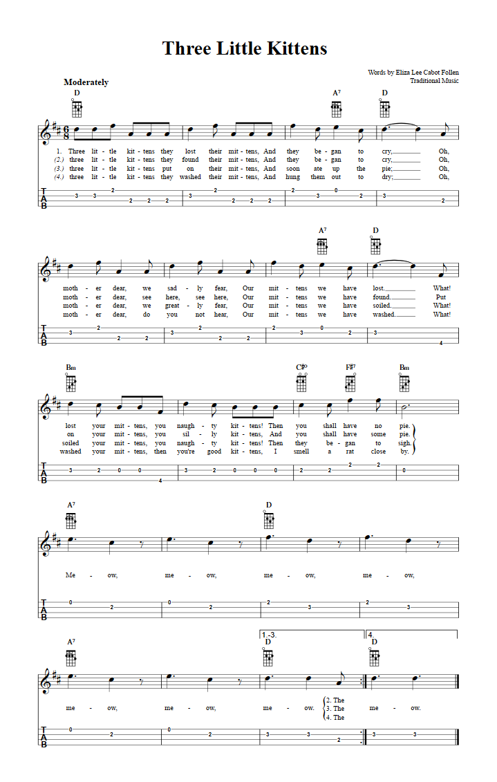 three little kittens chords sheet music and tab for baritone ukulele