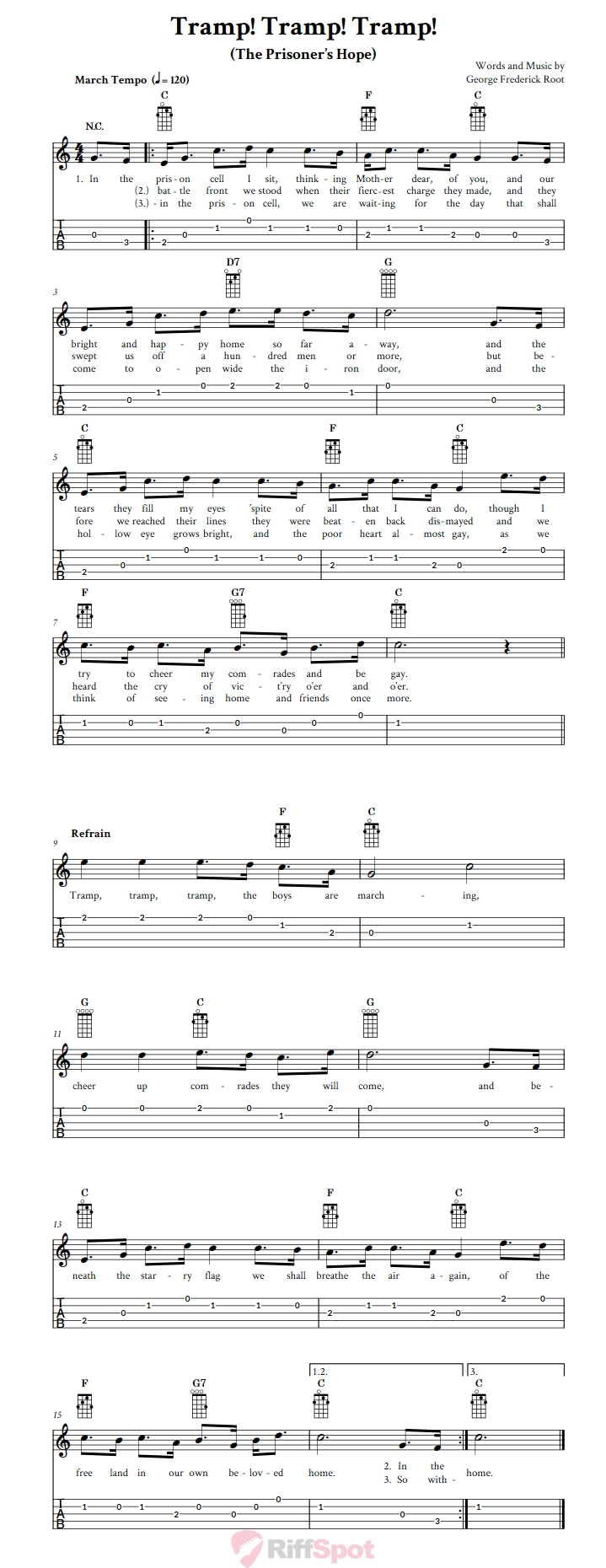 Tramp! Tramp! Tramp!: Chords, Sheet Music, and Tab for Banjo with Lyrics