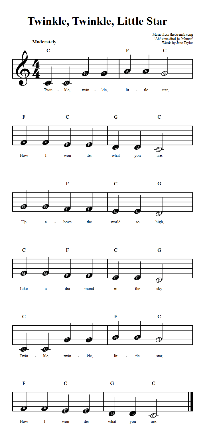 Twinkle Twinkle Little Star Beginner Sheet Music With Chords And Lyrics