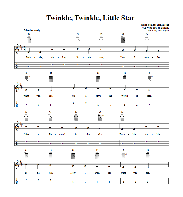 Twinkle Twinkle Little Star Chords Sheet Music And Tab For Mandolin With Lyrics