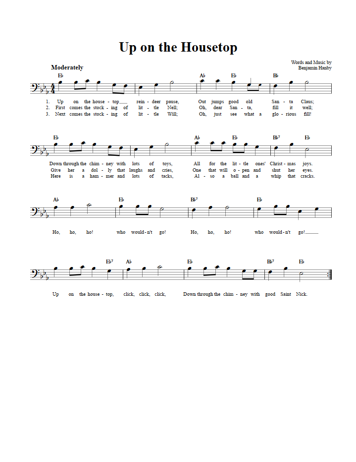 Up on the Housetop: Chords, Lyrics, and Bass Clef Sheet Music