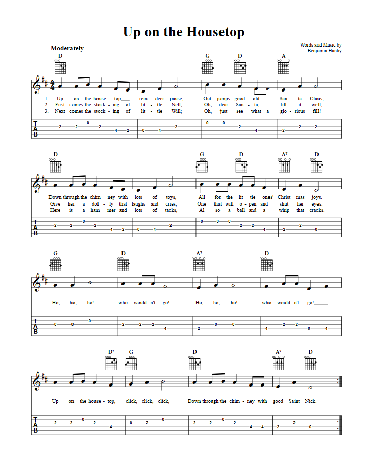 Up on the Housetop: Chords, Sheet Music, and Tab for Guitar with Lyrics