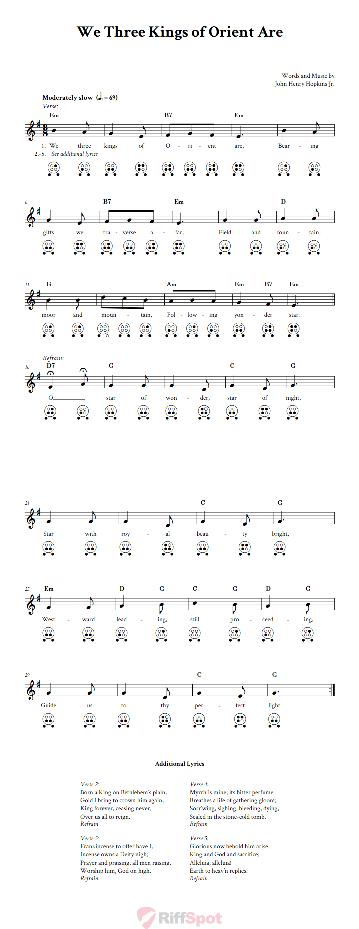 We Three Kings of Orient Are Chords, Sheet Music, and Tab for 6 Hole