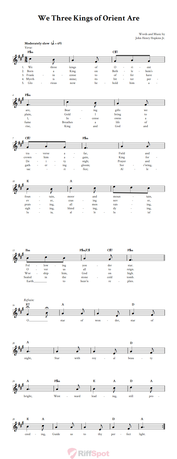 We Three Kings of Orient Are Chords, Lyrics, and Sheet Music for B
