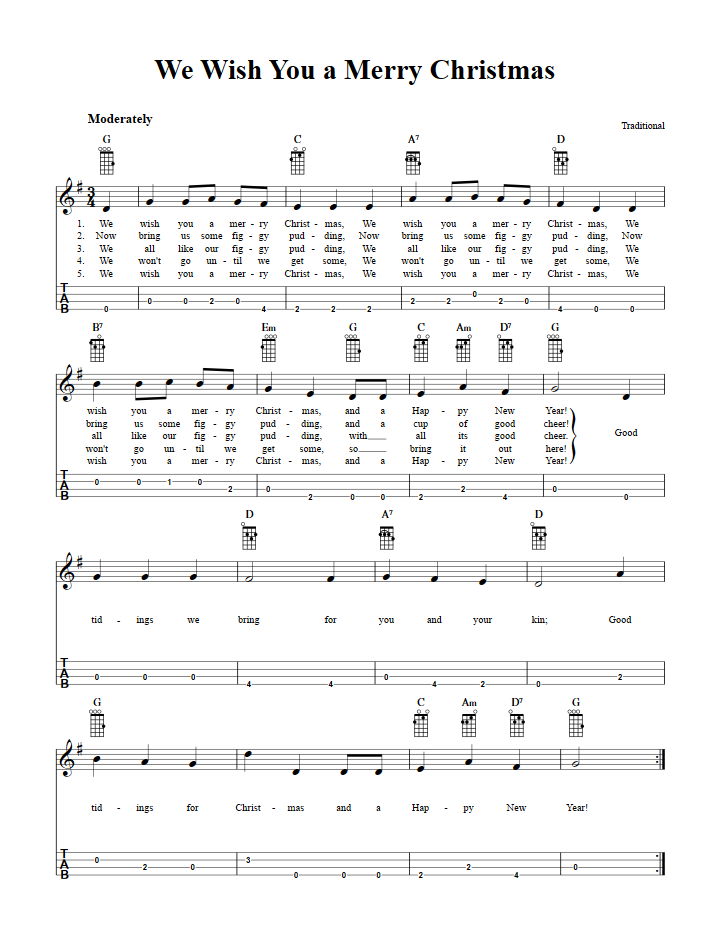 We Wish You a Merry Christmas: Chords, Sheet Music, and Tab for Baritone Ukulele with Lyrics