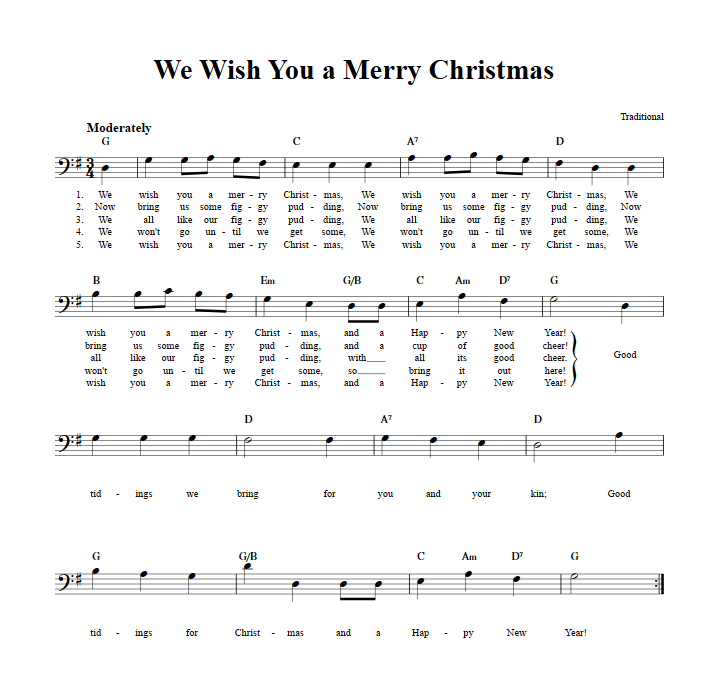 We Wish You A Merry Christmas Chords Lyrics And Bass Clef Sheet Music