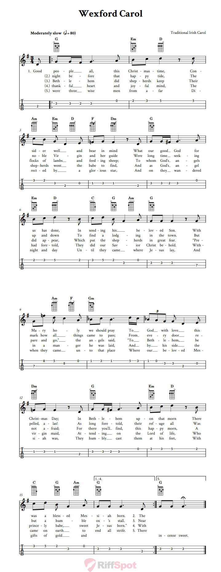 Wexford Carol Chords, Sheet Music and Tab for Ukulele with Lyrics