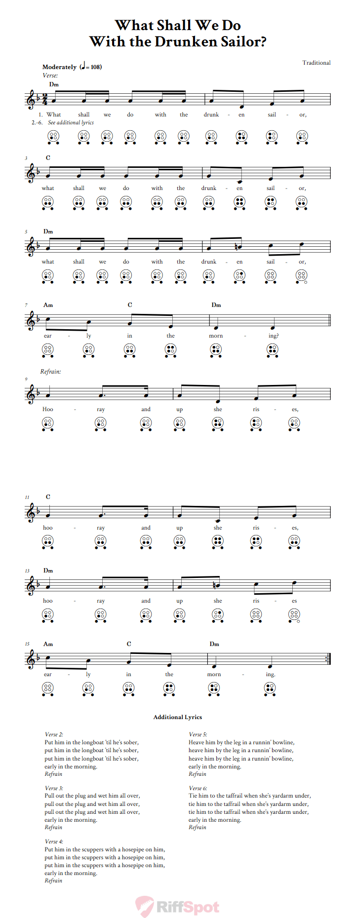What Shall We Do with the Drunken Sailor? Chords, Sheet Music, and Tab for 6 Hole Ocarina with